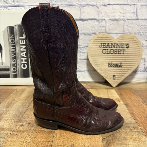 Lucchese 1883 Exotic Burnished Ostrich Leg Black Cherry Rare Size 8.5 EE flaws - Picture 16 of 16